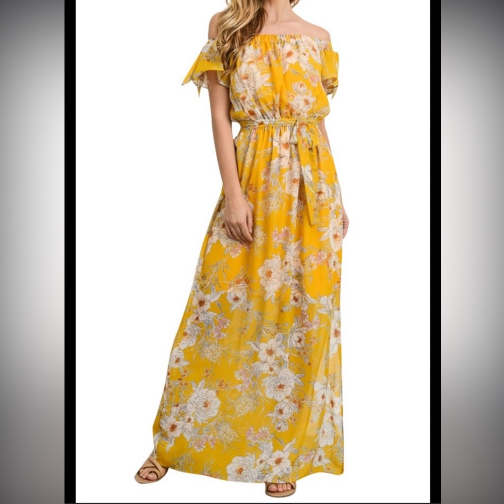 Gilli yellow floral off the shoulder maxi dress.